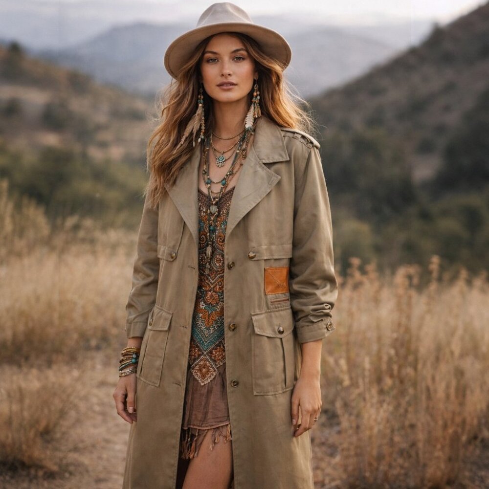 Together Military Green Leather Detail Long Duster Trench Style Coat Size 10